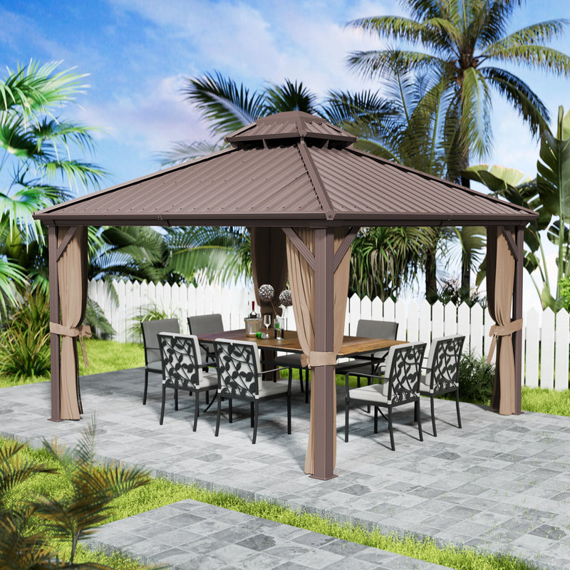 Kozyard Hardtop Gazebo - Permanent Metal Pavilion with Netting and Shaded Curtains for Patio, Backyard, Deck - Galvanized Steel Outdoor Aluminum Canopy, Double Roof Gazebo