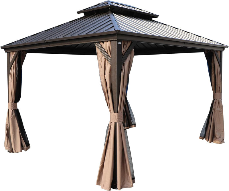 Kozyard Hardtop Gazebo - Permanent Metal Pavilion with Netting and Shaded Curtains for Patio, Backyard, Deck - Galvanized Steel Outdoor Aluminum Canopy, Double Roof Gazebo