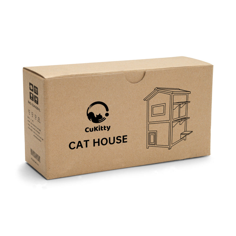 CuKitty Outdoor Cat House Weatherproof, Two-Story Feral Cat Shelter with Openable Roof, Escape Door, Balcony