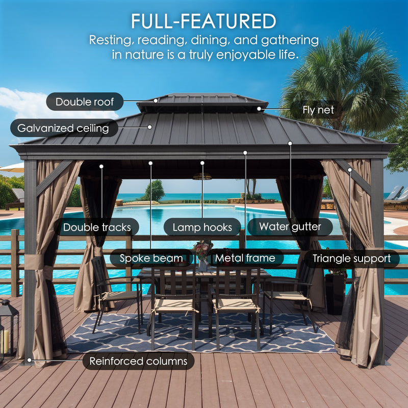 Kozyard Alexander 10' X 12' Hardtop Gazebo, Aluminum Metal Gazebo with Galvanized Steel Double Roof Canopy, Curtain and Netting, Permanent Gazebo Pavilion for Patio, Backyard, Deck, Lawn (Gray)