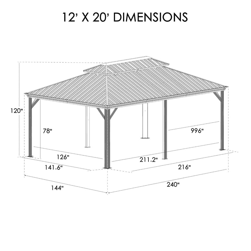 Kozyard Alexander 12' X 20' Hardtop Gazebo, Aluminum Metal Gazebo with Galvanized Steel Double Roof Canopy, Curtain and Netting, Permanent Gazebo Pavilion for Patio, Backyard, Deck, Lawn (Brown)