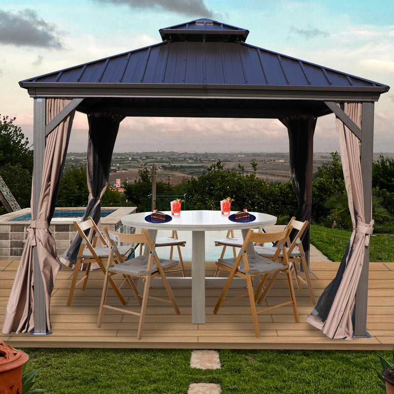 Kozyard Hardtop Gazebo - Permanent Metal Pavilion with Netting and Shaded Curtains for Patio, Backyard, Deck - Galvanized Steel Outdoor Aluminum Canopy, Double Roof Gazebo