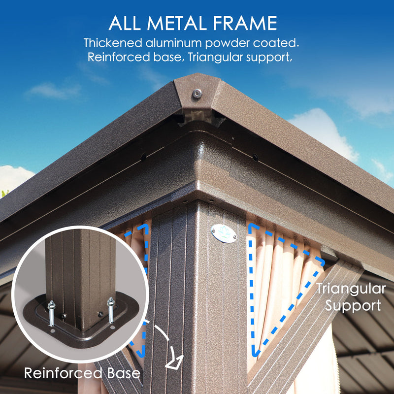 Kozyard Hardtop Gazebo - Permanent Metal Pavilion with Netting and Shaded Curtains for Patio, Backyard, Deck - Galvanized Steel Outdoor Aluminum Canopy, Double Roof Gazebo