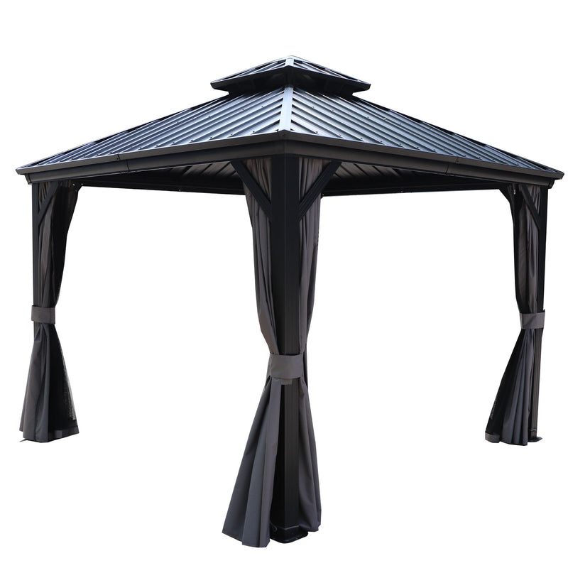 Kozyard Hardtop Gazebo - Permanent Metal Pavilion with Netting and Shaded Curtains for Patio, Backyard, Deck - Galvanized Steel Outdoor Aluminum Canopy, Double Roof Gazebo