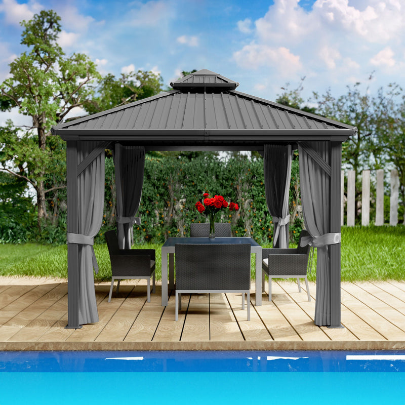 Kozyard Hardtop Gazebo - Permanent Metal Pavilion with Netting and Shaded Curtains for Patio, Backyard, Deck - Galvanized Steel Outdoor Aluminum Canopy, Double Roof Gazebo