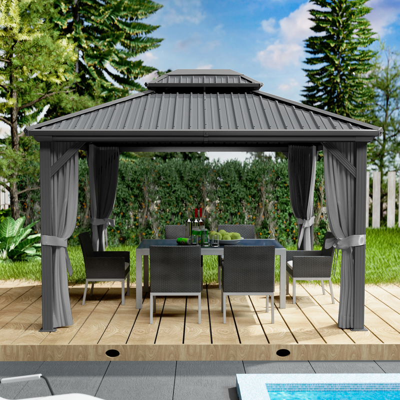 Kozyard Hardtop Gazebo - Permanent Metal Pavilion with Netting and Shaded Curtains for Patio, Backyard, Deck - Galvanized Steel Outdoor Aluminum Canopy, Double Roof Gazebo