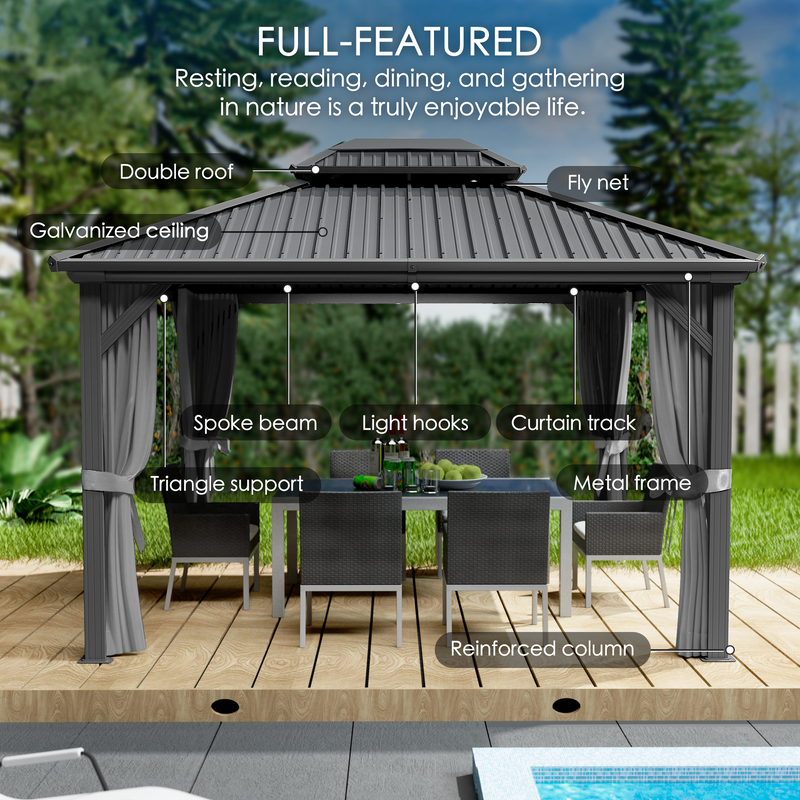 Kozyard Hardtop Gazebo - Permanent Metal Pavilion with Netting and Shaded Curtains for Patio, Backyard, Deck - Galvanized Steel Outdoor Aluminum Canopy, Double Roof Gazebo