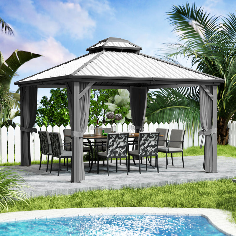 Kozyard Hardtop Gazebo - Permanent Metal Pavilion with Netting and Shaded Curtains for Patio, Backyard, Deck - Galvanized Steel Outdoor Aluminum Canopy, Double Roof Gazebo