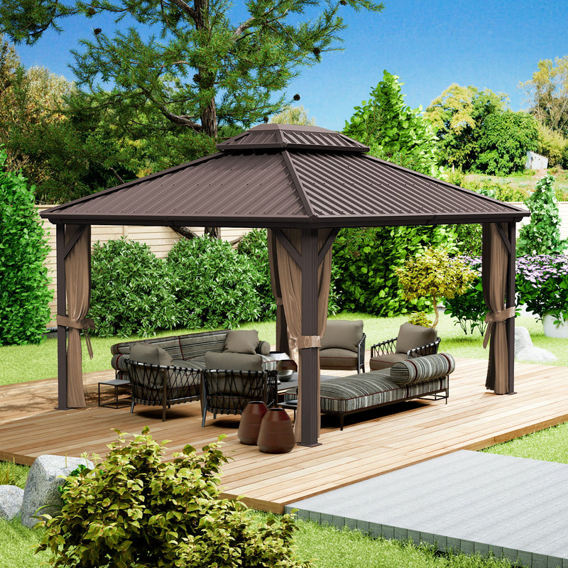 Kozyard Hardtop Gazebo - Permanent Metal Pavilion with Netting and Shaded Curtains for Patio, Backyard, Deck - Galvanized Steel Outdoor Aluminum Canopy, Double Roof Gazebo