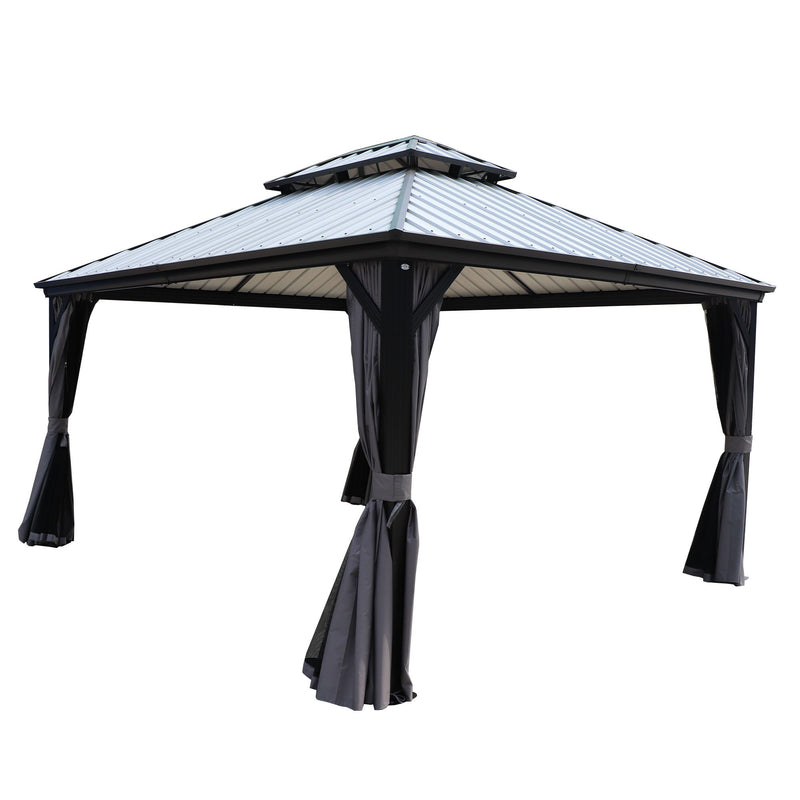 Kozyard Hardtop Gazebo - Permanent Metal Pavilion with Netting and Shaded Curtains for Patio, Backyard, Deck - Galvanized Steel Outdoor Aluminum Canopy, Double Roof Gazebo