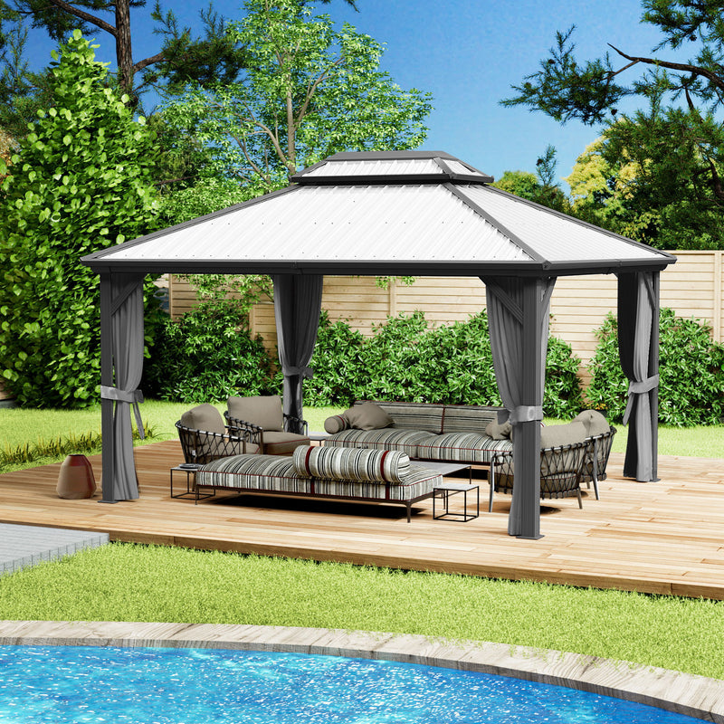 Kozyard Hardtop Gazebo - Permanent Metal Pavilion with Netting and Shaded Curtains for Patio, Backyard, Deck - Galvanized Steel Outdoor Aluminum Canopy, Double Roof Gazebo