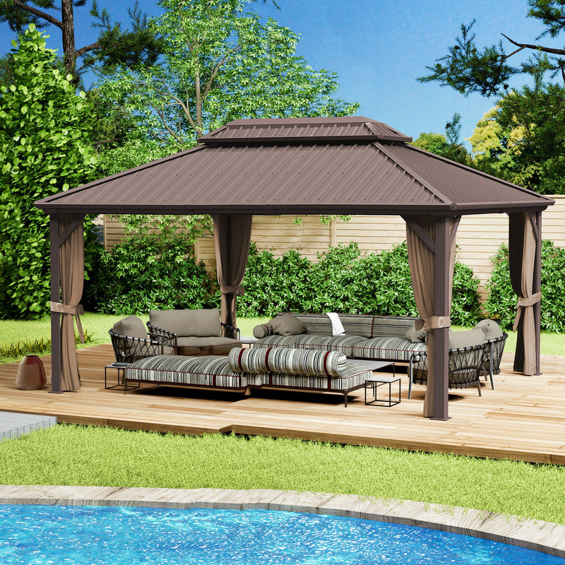 Kozyard Hardtop Gazebo - Permanent Metal Pavilion with Netting and Shaded Curtains for Patio, Backyard, Deck - Galvanized Steel Outdoor Aluminum Canopy, Double Roof Gazebo