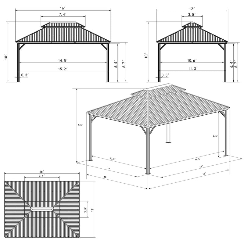 Kozyard Hardtop Gazebo - Permanent Metal Pavilion with Netting and Shaded Curtains for Patio, Backyard, Deck - Galvanized Steel Outdoor Aluminum Canopy, Double Roof Gazebo