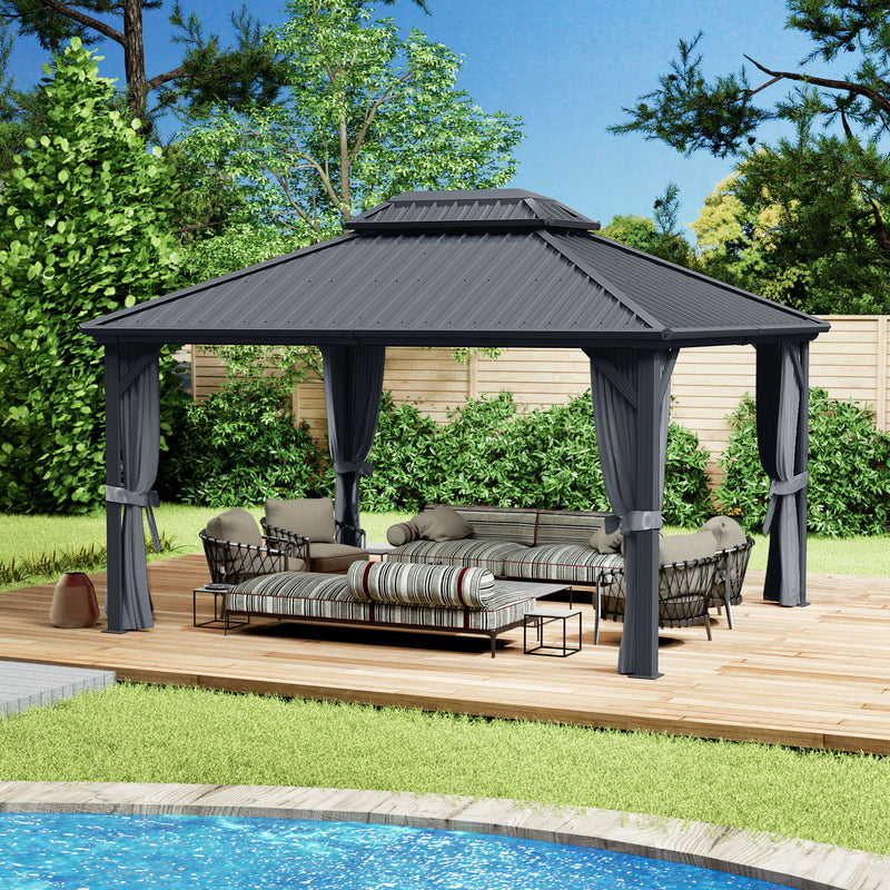 Kozyard Hardtop Gazebo - Permanent Metal Pavilion with Netting and Shaded Curtains for Patio, Backyard, Deck - Galvanized Steel Outdoor Aluminum Canopy, Double Roof Gazebo