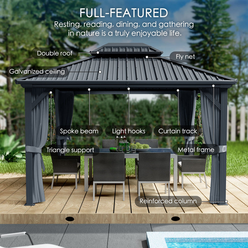 Kozyard Hardtop Gazebo - Permanent Metal Pavilion with Netting and Shaded Curtains for Patio, Backyard, Deck - Galvanized Steel Outdoor Aluminum Canopy, Double Roof Gazebo