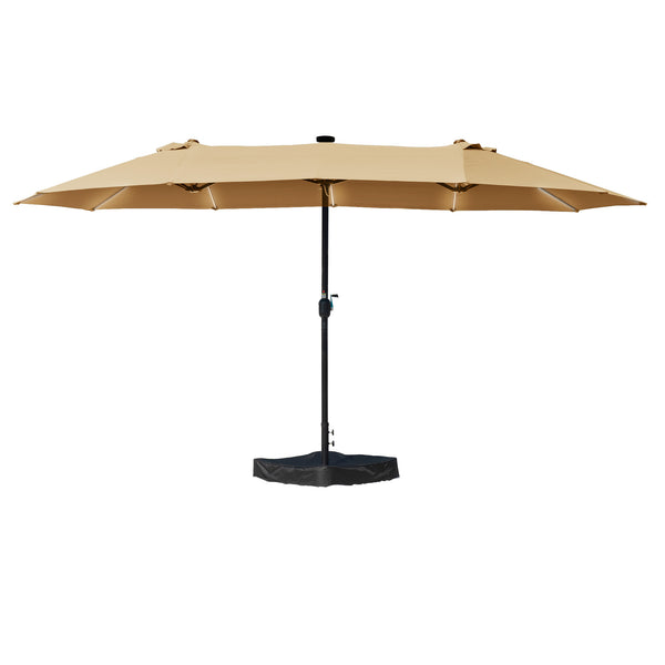 15ft Rectangle Patio Umbrella with Solar Lights, Double-Sided Outdoor Market Umbrella with Crank Handle and Base for Pool, Garden, Backyard, Lawn