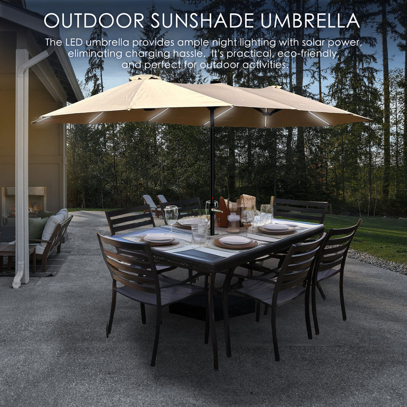 15ft Rectangle Patio Umbrella with Solar Lights, Double-Sided Outdoor Market Umbrella with Crank Handle and Base for Pool, Garden, Backyard, Lawn