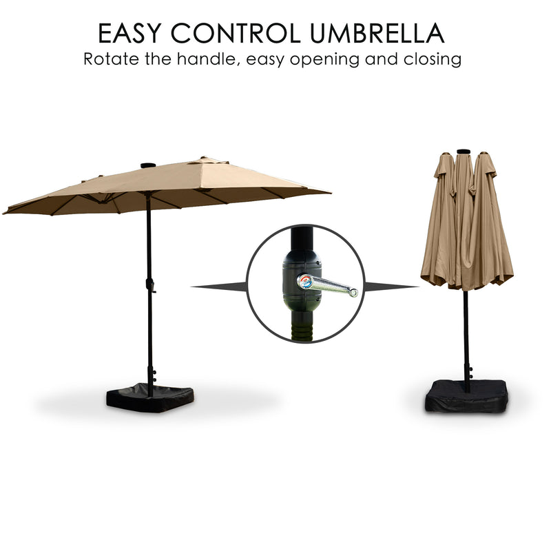 15ft Rectangle Patio Umbrella with Solar Lights, Double-Sided Outdoor Market Umbrella with Crank Handle and Base for Pool, Garden, Backyard, Lawn