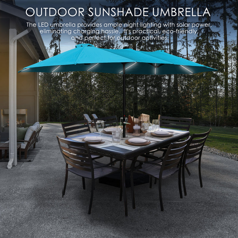 15ft Rectangle Patio Umbrella with Solar Lights, Double-Sided Outdoor Market Umbrella with Crank Handle and Base for Pool, Garden, Backyard, Lawn