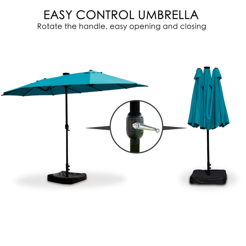 15ft Rectangle Patio Umbrella with Solar Lights, Double-Sided Outdoor Market Umbrella with Crank Handle and Base for Pool, Garden, Backyard, Lawn