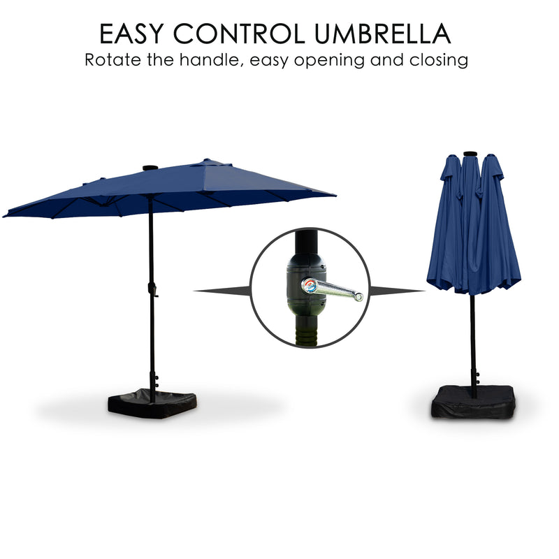 15ft Rectangle Patio Umbrella with Solar Lights, Double-Sided Outdoor Market Umbrella with Crank Handle and Base for Pool, Garden, Backyard, Lawn