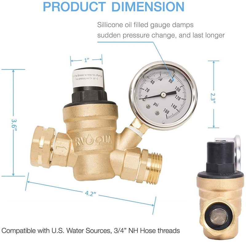 Kozyvacu RVAQUA M11-45PSI Water Pressure Regulator for RV Camper - Brass Lead-Free Adjustable RV Water Pressure Reducer with 160